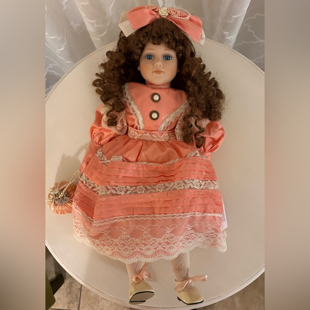 21” Vintage Elegant Porcelain Doll with Lace Dress